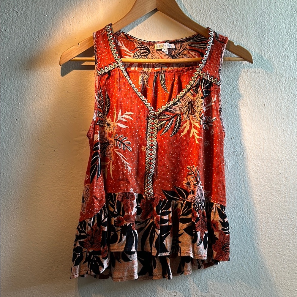Patrons of Peace Tan and Red Ruffled Tank Top
